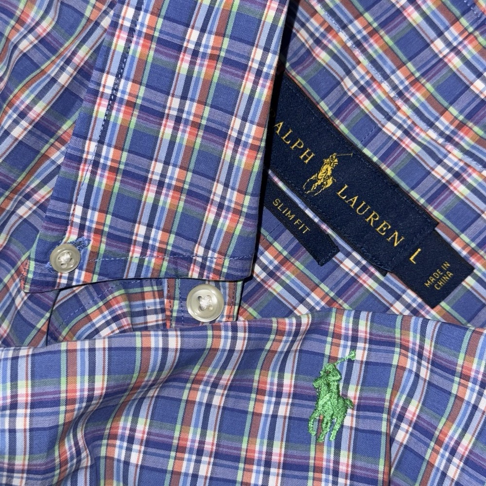 Polo Ralph Lauren Long Sleeve Button Down Oxford Shirt Men's L Slim Blue Plaid